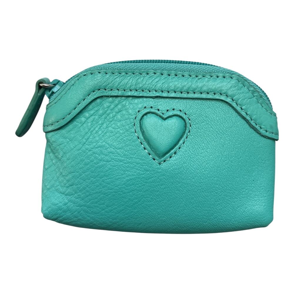 BRIGHTON Tiffany Blue Leather Heart Coin Purse Pouch Turquoise Zip Around Wallet